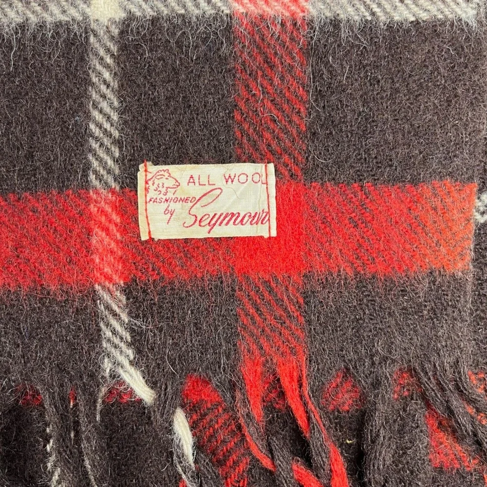 Vtg 60s Seymour Wool Blanket 64x55 All Wool Brown Red Plaid Fringe Made in USA
